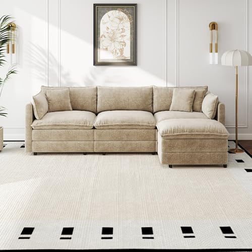 Aoowow Modular Sectional Sofa Modern Convertible L Shaped Couch,112.2 Inch Deep 3-Seater Sofas Set Comfy Chenille Cloud Sofas and Couches with Movable Ottoman for Living Room Apartment（Camel） - color: Camel, size: 3 Seat + Ottoman