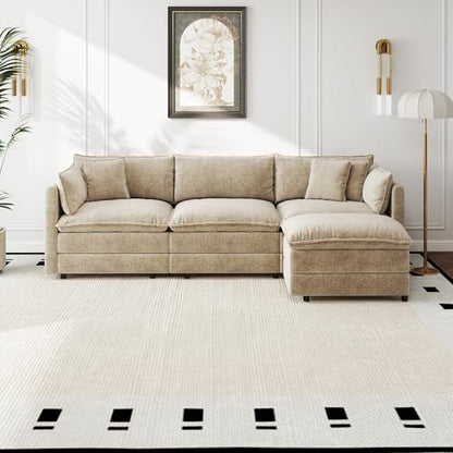 Aoowow Modular Sectional Sofa Modern Convertible L Shaped Couch,112.2 Inch Deep 3-Seater Sofas Set Comfy Chenille Cloud Sofas and Couches with Movable Ottoman for Living Room Apartment（Camel） - color: Camel, size: 3 Seat + Ottoman