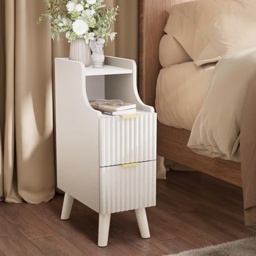 EAG Fluted Narrow Nightstand, Skinny Bedside Table with 2 Drawers, White | Wooden Small End Table for Small Spaces, Mid Century Modern Night Stand, Slim End Table for Bedroom - color: White, size: 8" W