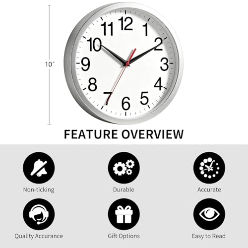 Wall Clock Analog 10 Inch Silver Battery Operated Silent Clock | Easy To Read, Non Ticking, Round, Accurate, Kitchen, Living Room, Classroom, Office, School - color: B_silver, size: 10 Inch