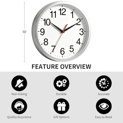 Wall Clock Analog 10 Inch Silver Battery Operated Silent Clock | Easy To Read, Non Ticking, Round, Accurate, Kitchen, Living Room, Classroom, Office, School - color: B_silver, size: 10 Inch