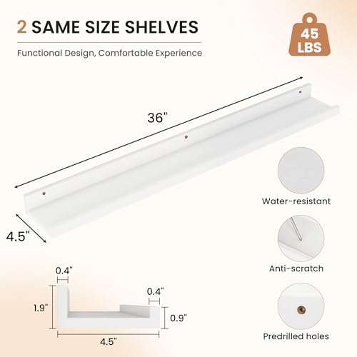 Dreamland Picture Ledge Shelf for Wall, Floating Shelves Set of 2, 36 Inch Long Floating Shelves with Lip for Living Room, Bedroom, Bathroom, Kitchen, White - color: White, size: 36inch