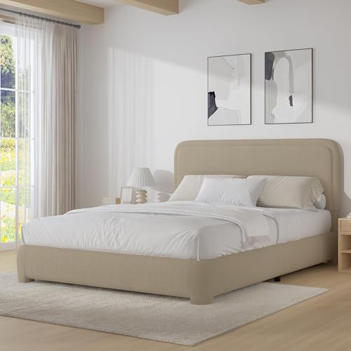 BarnFurin Full Bed Frame, Cloud Boucle Headboard, Rounded Corners, Beige | Soft boucle and rounded edges create a low-profile cloud look. Wooden slats support the mattress without a box spring - color: Beige, size: Full