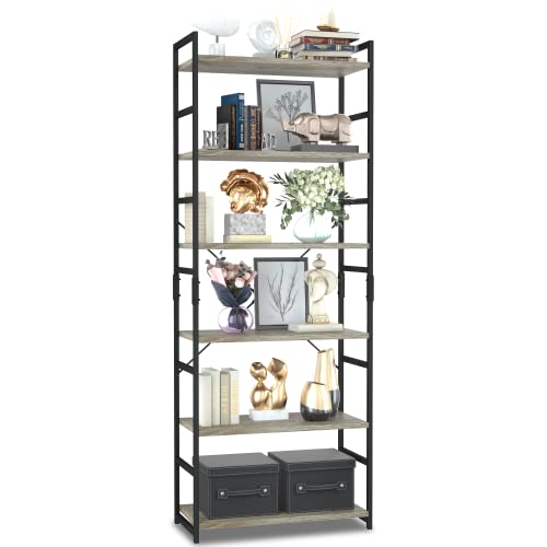 NUMENN 6 Tier Bookshelf, Tall Freestanding Open Storage Bookcase, Grey | Storage Organizer with Metal Frame & Wood Shelves, Support Bars & Adjustable Feet for Bedroom, Living Room & Home Office - color: Grey, size: 6 Tier
