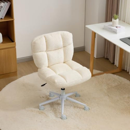VINGLI Cute Armless Small Vanity Chair w/Plush Cushion &Fluffy Backrest, Comfy Swivel Chenille Office Desk Chair with 360° Wheels, Height Adjustable Makeup Chair for Bedroom&Dressing Room,Beige White - color: Beige White