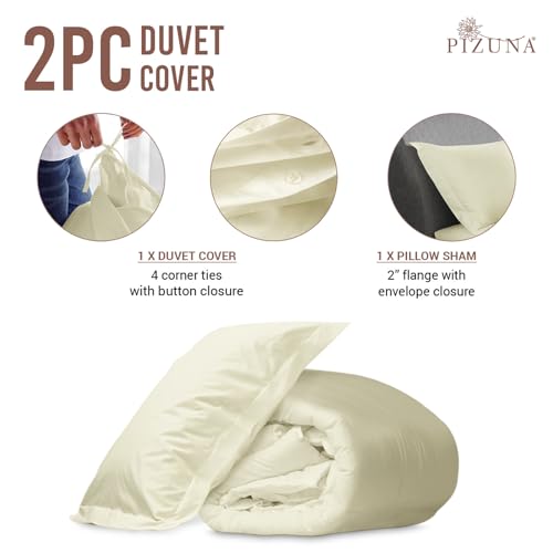 Pizuna 100% Cotton Twin Duvet Cover Set 400 Thread Count Off White | Long Staple Combed Cotton Sateen Weave 2 Piece Luxurious Cool Twin Comforter Cover with Hidden Button Closure - color: 02 Off White, size: Twin