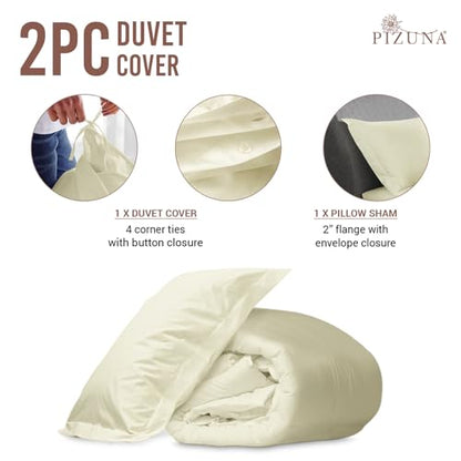 Pizuna 100% Cotton Twin Duvet Cover Set 400 Thread Count Off White | Long Staple Combed Cotton Sateen Weave 2 Piece Luxurious Cool Twin Comforter Cover with Hidden Button Closure - color: 02 Off White, size: Twin