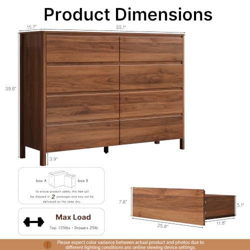 MAISONARIA Walnut 3-Piece Dresser Bedroom Set, 8 Drawers Dresser & 3 Drawer Nightstands with Hidden Handles, Wood Chest of Drawers for Bedroom, Living Room, Entryway - color: Walnut, size: 8+3