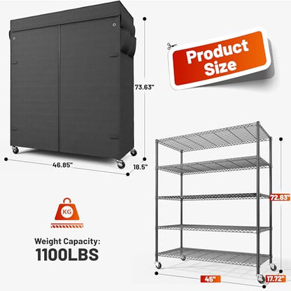 REIBII 45"W 5-Tier Storage Shelves with Cover & Wheels, 1100 lbs for pantry | 17.7''Dx72.8''H, UV/Waterproof zippered cover, Side pockets, Wheels lockable&removable, Height adjustable, Tool-free, Garage - size: 45" W x 17.72" D x 72.83" H