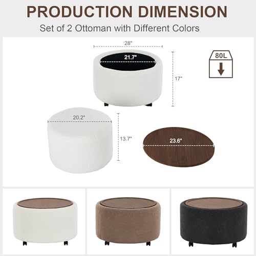 28 Inch Round Storage Ottoman with Wheels Set of 2, Multifunctional Coffee Table Ottoman with Removable Solid Wood Lid, Modern Circle Ottoman Foot Rest for Living Room, Bedroom, Beige - color: Beige