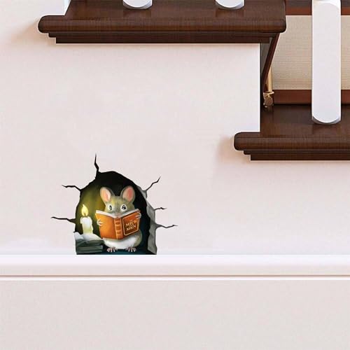 3D Mouse Reading Book in Mouse Hole, Decal Sticker, Removable Wall Decor, Book Lover Gift Idea, Baseboard, Wall Sticker Decal, Kids Room, Classroom, Library - style: Mouse Reading Book With Hole