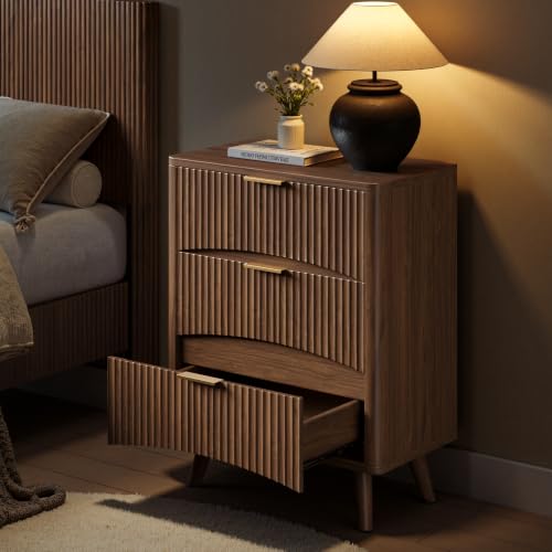 Evermagin 29" Tall Fluted Nightstand Set of 2 with 3 Drawers | Walnut Night Stand, Wooden Bedside Table, Mid Century Modern Side Table for Bedroom, livingroom - color: Walnut, size: 13.78"D x 23.62"W x 29.35"H (3 Drawers)