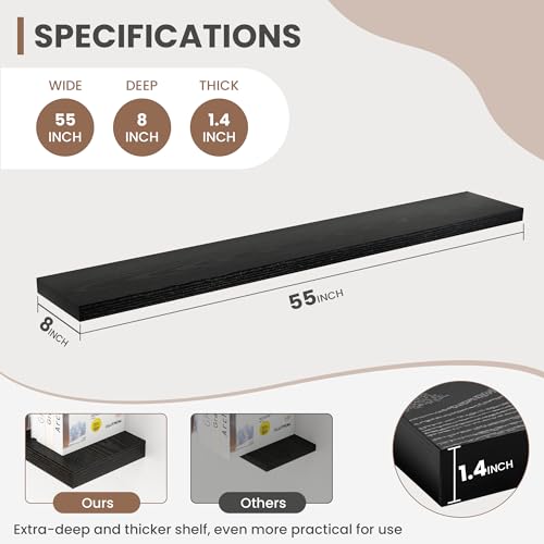 Acovy 55 Inch Floating Shelves, 8 Inch Deep Floating Shelves for Wall, Hanging Shelf with Invisible Brackets, Deep Shelves for Bathroom, Bedroom, Living Room, Black, Set of 1 - color: Black, size: 8"Wx55"L-1pc