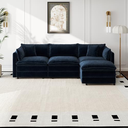 Aoowow Modular Sectional Sofa Modern Convertible L Shaped Couch,112.2 Inch Deep 3-Seater Sofas Set Comfy Chenille Cloud Sofas and Couches with Movable Ottoman for Living Room Apartment（Blue） - color: Blue, size: 3 Seat + Ottoman