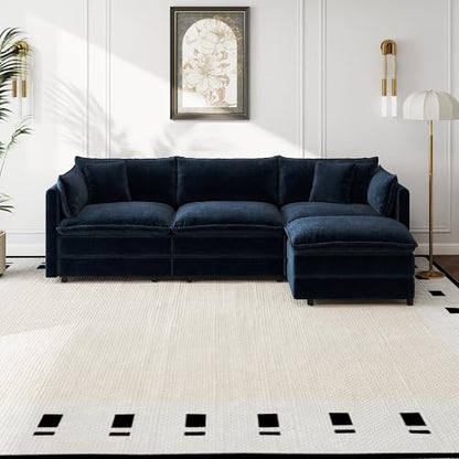 Aoowow Modular Sectional Sofa Modern Convertible L Shaped Couch,112.2 Inch Deep 3-Seater Sofas Set Comfy Chenille Cloud Sofas and Couches with Movable Ottoman for Living Room Apartment（Blue） - color: Blue, size: 3 Seat + Ottoman