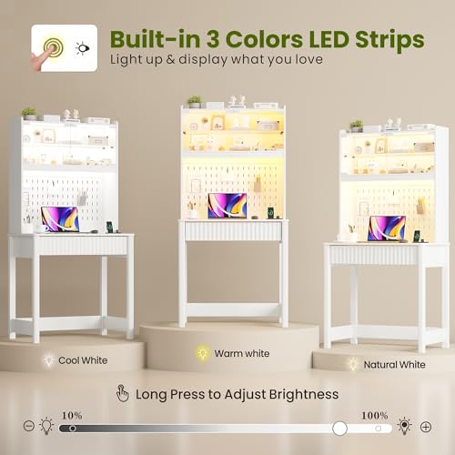 Lvifur Small Writing Desk with Power Outlet - LED Study Desk with Drawer & Hutch, Home Office Desk with Shelf & Pegboard, Space Saving Study Table Work Station for Dorm, Living Room (White) - color: White86023