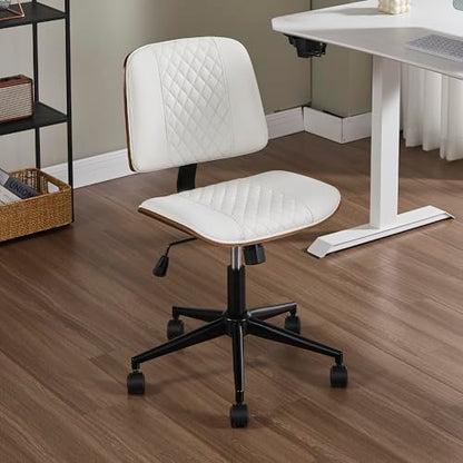 VipDesk Small Home Office Chair - Armless Mid Back Desk Chair with 360° Swivel and Wheels, PU Upholstered Height Adjustable Modern Walnut Computer Chair for Home, Office Meeting Room - White - color: White, size: MCM Style