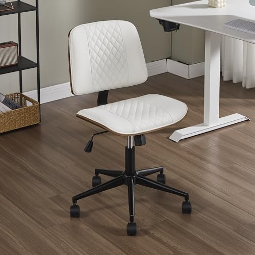 VipDesk Small Home Office Chair - Armless Mid Back Desk Chair with 360° Swivel and Wheels, PU Upholstered Height Adjustable Modern Walnut Computer Chair for Home, Office Meeting Room - White - color: White, size: MCM Style