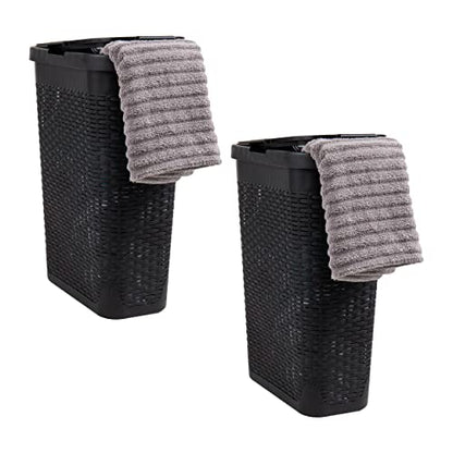 Mind Reader Slim Laundry Hamper with Lid, 40L Clothes Basket, Narrow Tapered Design with Ventilated Cutout Pattern, Plastic, Set of 2, Black - color: Black, size: Set of 2