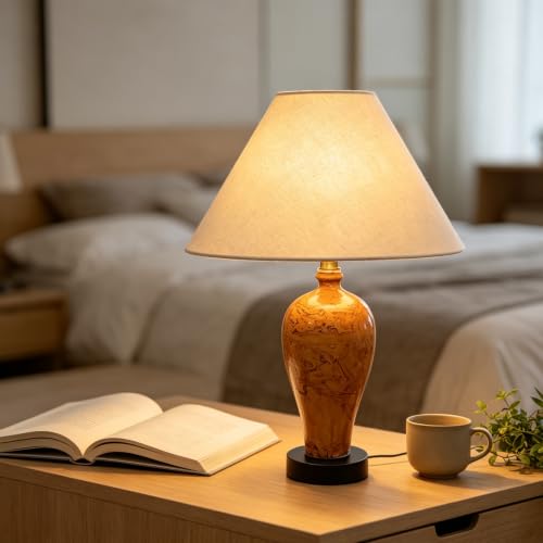 Ceramic Table Lamp, Rustic Orange Glaze Bedside Lamp with Linen Shade, Minimalist Accent Lamp for Bedroom Living Room