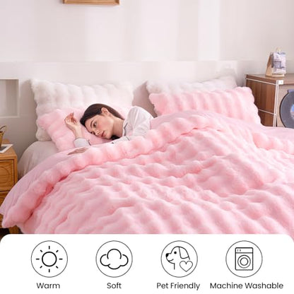 Fluffy Pink Duvet Cover Twin Set, Soft Shaggy Plush Rabbit Bedding Set 2 Pieces (1 Fuzzy Comforter Cover + 1 Faux Fur Pillow Cases) Bed Set, Zipper Closure（Pink, Twin） - color: Pink, size: Twin