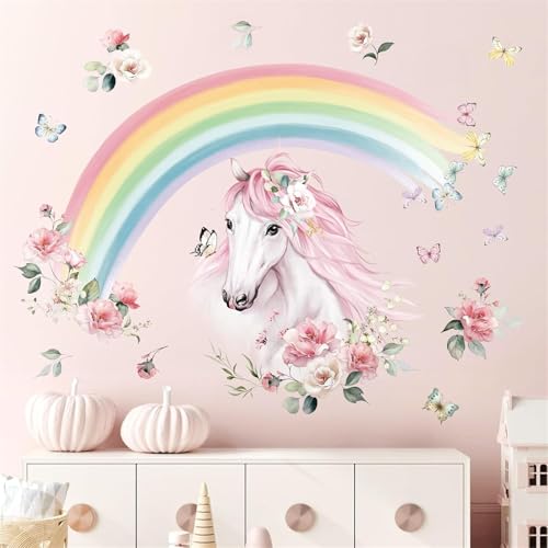 wondever Large Rainbow Wall Decals Horse Flower Peel and Stick Wall Art Stickers for Girls Bedroom Kids Room Baby Nursery - color: Horse