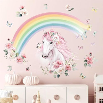 wondever Large Rainbow Wall Decals Horse Flower Peel and Stick Wall Art Stickers for Girls Bedroom Kids Room Baby Nursery - color: Horse