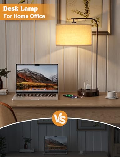Innqoo Brown Table Lamp for Bedroom with USB Port and Outlet, Dimmable Nightstand Bedside Lamps with Linen Lampshade, Desk Lamp for Home Office, Living Room, Guest Room, LED Bulb Included - color: E-Beige Shade & Brown Base
