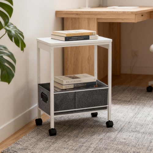 Slim Rolling Side Table with Basket, Narrow Storage Cart on Wheels for Sofa | Rolling side table with basket for living room, bedroom | Holds lamp, plants | Wood-metal shelf | Nightstand, printer stand