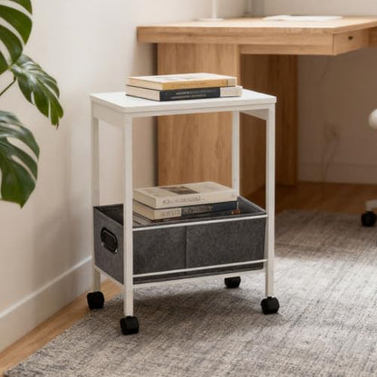 Slim Rolling Side Table with Basket, Narrow Storage Cart on Wheels for Sofa | Rolling side table with basket for living room, bedroom | Holds lamp, plants | Wood-metal shelf | Nightstand, printer stand