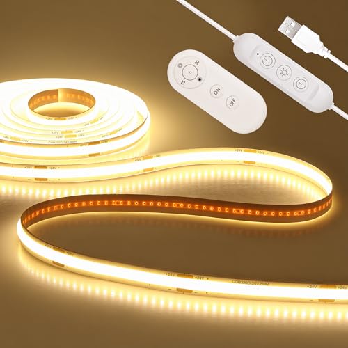 ALITOVE USB LED Light Strip 5V 6.56FT 3000K Warm White COB LED Strip Lights with Remote Lights Dotless Super Bright Dimmable Flexible for TV Backlight Bedroom Under Cabinet Kitchen Shelf Lighting - color: 3000K Warm White, size: 6.5FT