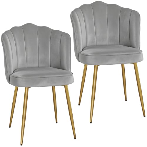 VECELO Velvet Dining Chairs Set of 2, Modern Upholstered Kitchen Chairs with Thick Cushions, Curved Padded Backrest and Metal Legs, for Kitchen, Dining Room, Living Room, Gray - color: Grey, size: Set of 2
