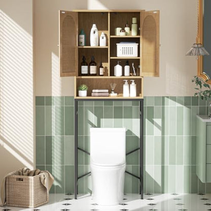 Rattan Toilet Storage Cabinet, Over the Rack Wood Cabinet with Metal Stand, Bathroom Organizer with Adjustable Shelf, Tall Freestanding Washer Shelf, Small Cupboard, Space Saver, Natural style - color: Rattan Door-natural