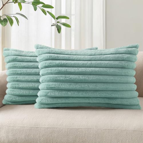 Pallene Faux Fur Decorative Throw Pillow Covers 12x20 Set of 2, Aqua | Luxury Plush Texture, Striped Design, Cozy Soft Touch, Modern Home Accent Decor for Couch, Sofa, Bed, Living Room - color: Aqua, size: 20" x 12" (Pack of 2)