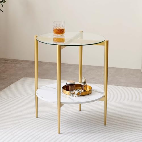 LumFurn D18in Round Glass End Table, Mid-Century Modern Side Table for Living Room, D18xH23inch, Clear Glass and White Marble MDF Wood, Gold Finish Frame - color: D18" Clear & White Marble