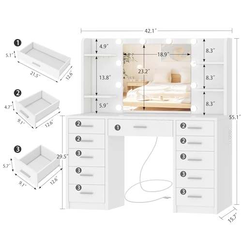 Quimoo Large Vanity Desk with Mirror and Lights, Makeup Vanity with 11 Drawers & 6 Open Shelves, 3 Color Modes & Adjustable Brightness, White Vanity for Girls - color: White 11 Drawers Vanity