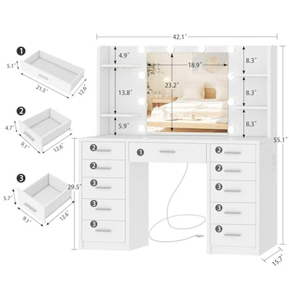 Quimoo Large Vanity Desk with Mirror and Lights, Makeup Vanity with 11 Drawers & 6 Open Shelves, 3 Color Modes & Adjustable Brightness, White Vanity for Girls - color: White 11 Drawers Vanity
