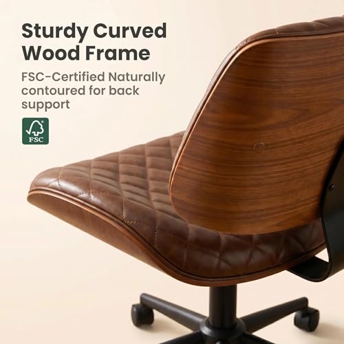 Furnimart Wooden Armless Desk Chair with Wheels, 360° Swivel Faux Leather Vanity Chair for Bedroom, Small Office Computer Task Chair for Home & Compact Spaces (PU Brown) - color: Pu-brown