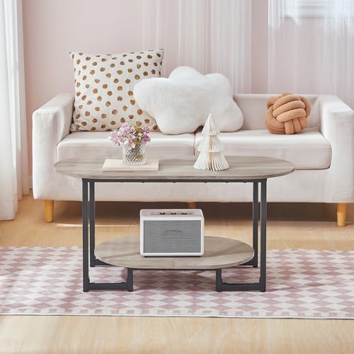 HOOBRO Coffee Table for Living Room, Oval Small Coffee Table with 2-Tier Open Storage Shelf, Industrial Cocktail Tea Table, Wooden Desktop Center Table, Farmhouse, Home Office, Greige BG09KF01 - color: Greige