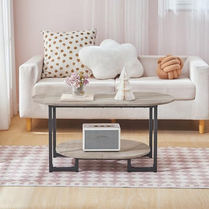 HOOBRO Coffee Table for Living Room, Oval Small Coffee Table with 2-Tier Open Storage Shelf, Industrial Cocktail Tea Table, Wooden Desktop Center Table, Farmhouse, Home Office, Greige BG09KF01 - color: Greige
