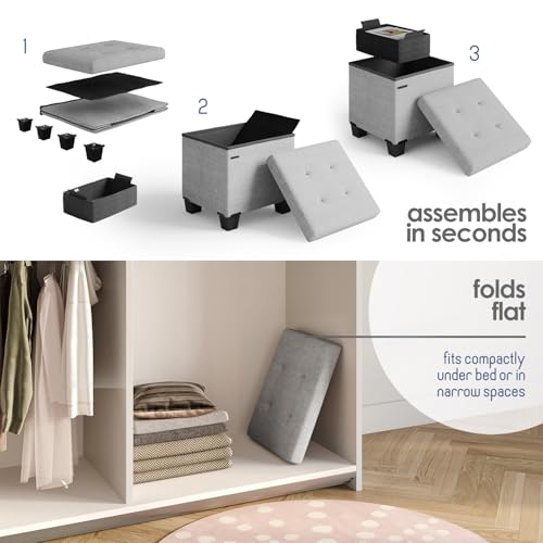Storage Ottoman Cube with Small Bin, 15-in Square Ottoman with Storage for Living Room and Bedroom, Small Ottomans Foot Rest, Fabric Foot Stools Ottomans Max 330lbs, Light Grey - color: 01 - Light Grey