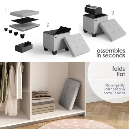 Storage Ottoman Cube with Small Bin, 15-in Square Ottoman with Storage for Living Room and Bedroom, Small Ottomans Foot Rest, Fabric Foot Stools Ottomans Max 330lbs, Light Grey - color: 01 - Light Grey