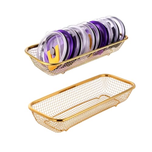 2Pack Stainless Steel Tumbler Cup Lid Organizer, Mason Jar Lid Holder, Gold | Rectangular, Stainless Steel Mesh, Cabinet Storage Basket, Silverware, Chopsticks, Straws, Utensils - style: GoldModern-2pack
