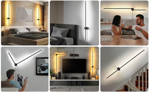GOODATE Wall Sconces Set of Two with Remote, Stepless Colors 3000K-6500K & Stepless Dimming, Hardwire or Plug-in, 180° Rotate, LED Black Plug in Wall Sconces with Timer & Night Light, 39.4 Inches - color: Black, Stepless Color Temperature: 3000K-6500K, si