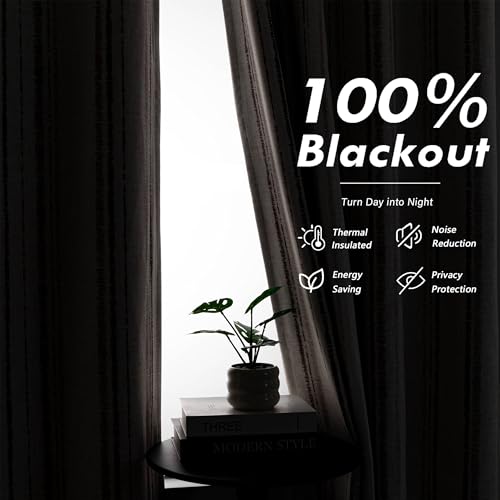 MYSKY HOME Farmhouse Taupe Striped Curtains 100% Blackout for Bedroom 84 Inches Long Tan Ticking Stripe Pinstripe Rustic Linen Blended with Blackout Layer Drapes, Grommet, 2 Panels, 52" Wide - color: Taupe/Blackout, size: 52"W x 84"L (Pack of 2)