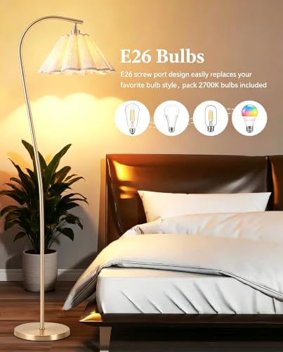 Floor Lamp with Pleated Linen Lampshade, Modern Flower Floor Lamp for Living Room Arc Standing Lamp, Gold Tall Lamp for Bedroom Office Dining Room, E26 Bulb Included