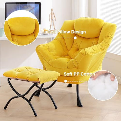 Lazy Chair with Ottoman, Comfy Reading Accent Chair, Velvet Yellow | Foldable Footrest, Padded Seat and Backrest, Side Pocket for Lounging in Living Rooms, Bedrooms, Dorms and Small Spaces - color: Yellow