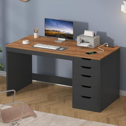 47 Inch Computer Desk with 5 Drawers and Power Outlets for Small Spaces | Home Office Desks with Storage File Cabinet and Charging Station, Modern Simple Laptop Desk Writing Table, Brown and Black - color: Brown and Black