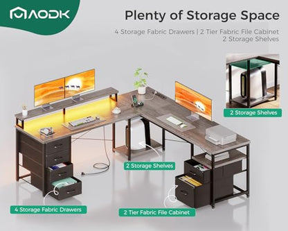 AODK 66" L Shaped Desk, 113" Computer Desk for Home Office and Gaming | Desk with File Cabinet & 4 Fabric Drawers, Monitor Shelf & Power Outlet, Two Person Desk, Gaming Table with LED Light, Grey - color: Grey