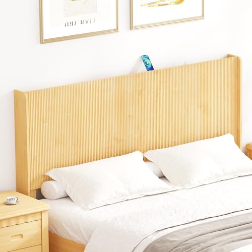 Queen Size Headboard with LED Lights&Charging Station, 64.17" W Fluted Boho Head Board Only, Modern Queen Headboard with Storage, Natural - color: Natural, size: Queen